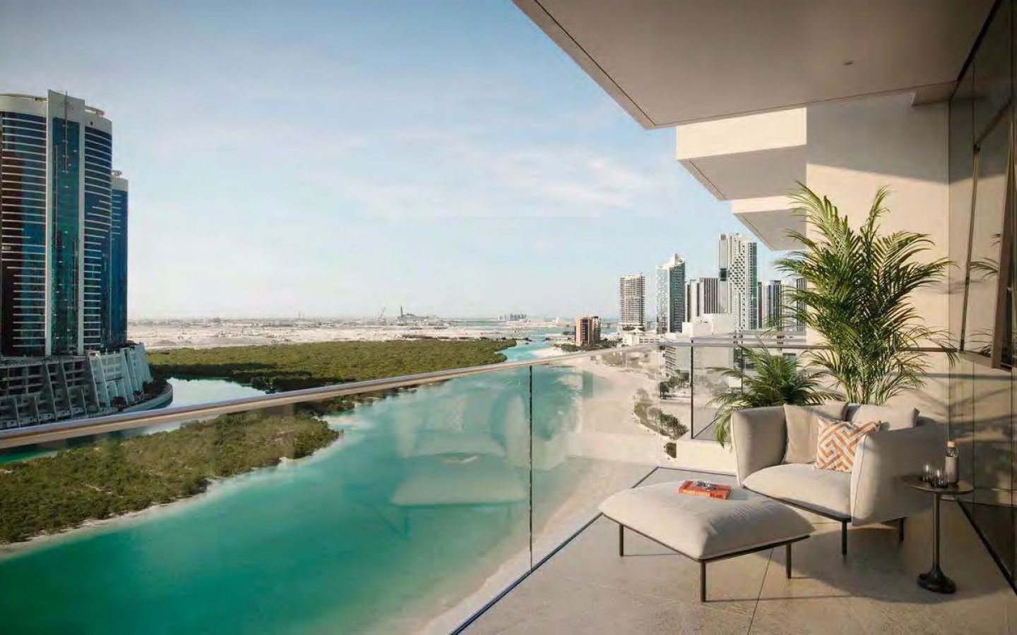 Sleek, minimalist exterior clad in milky panels and expansive panoramic glass.