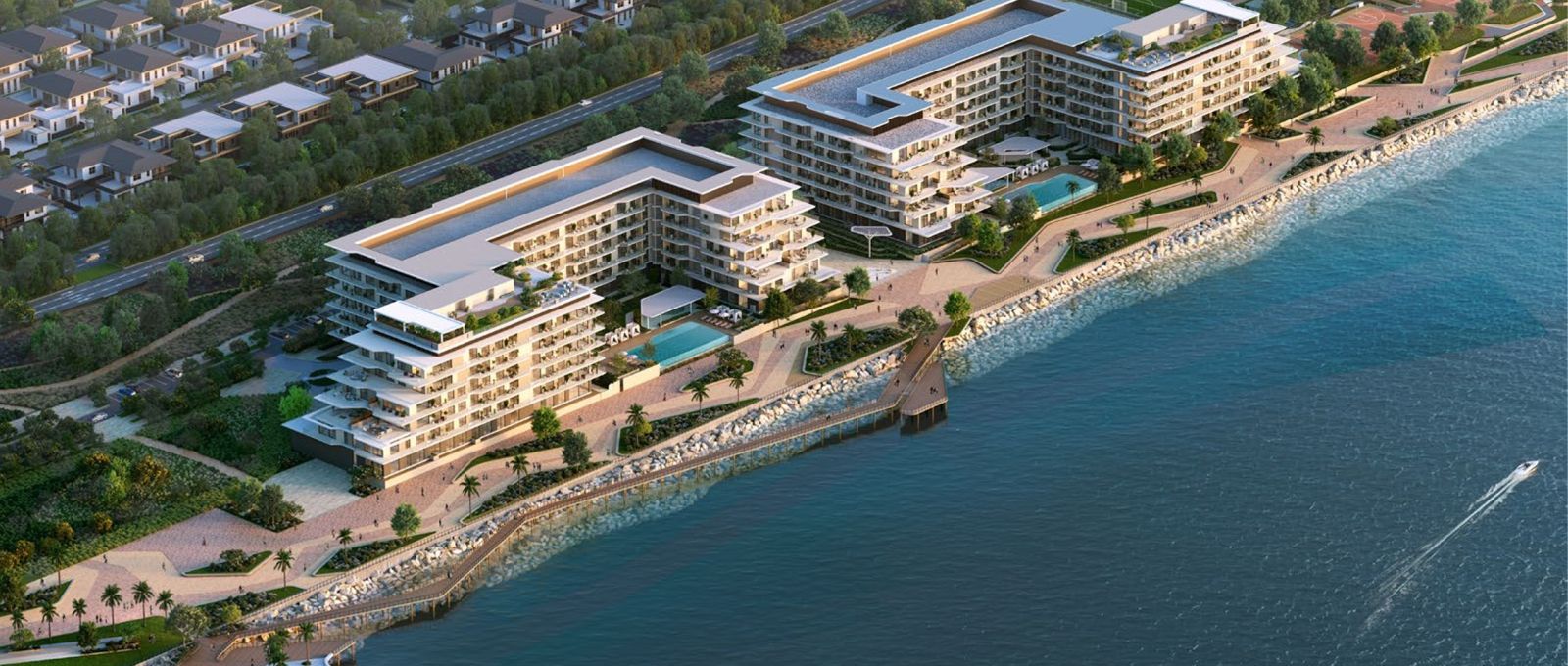Aerial view of Bashayer Residences with coastal apartments and penthouses in serene Hudayriyat Island location