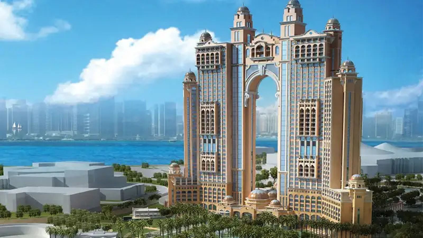 Fairmont Marina Residences twin towers overlooking Abu Dhabi's Marina waterfront skyline.